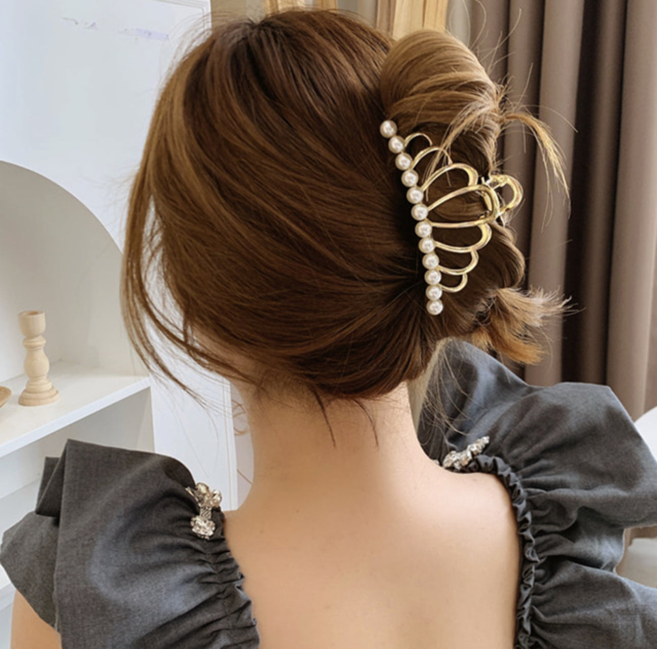 [Hair Claw] Metal Frame, Ribbon, Crown 9.5x3.8cm