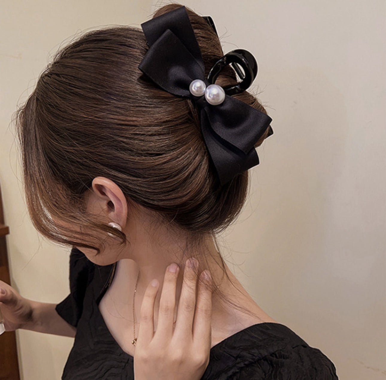 [Hair Claw] Twin Pearl Black Ribbon11x5cm