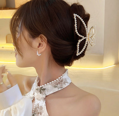 [Hair Claw] Metal Frame Pearl Butterfly 11x5.3cm