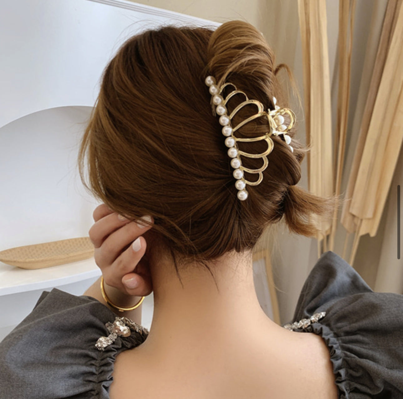 [Hair Claw] Metal Frame, Ribbon, Crown 9.5x3.8cm