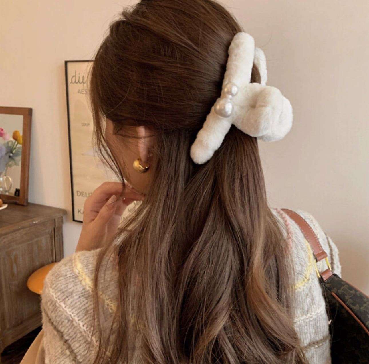 [Hair Claw] Twin Pearl #Large 13x6cm