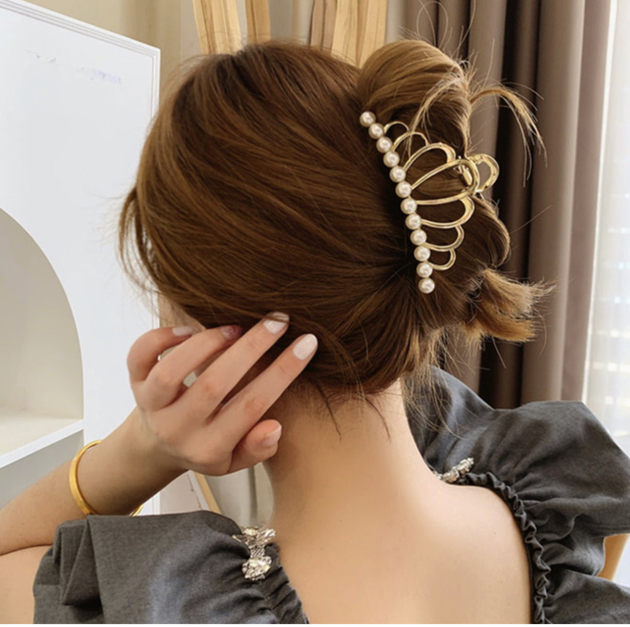 [Hair Claw] Metal Frame, Ribbon, Crown 9.5x3.8cm