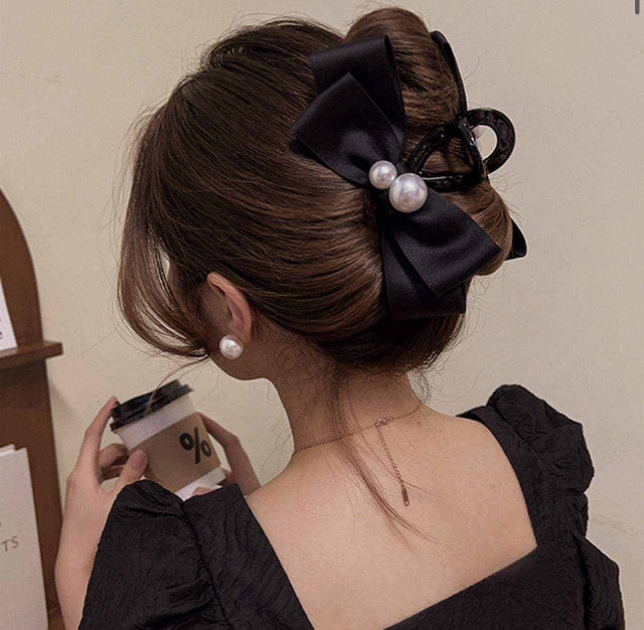 [Hair Claw] Twin Pearl Black Ribbon11x5cm