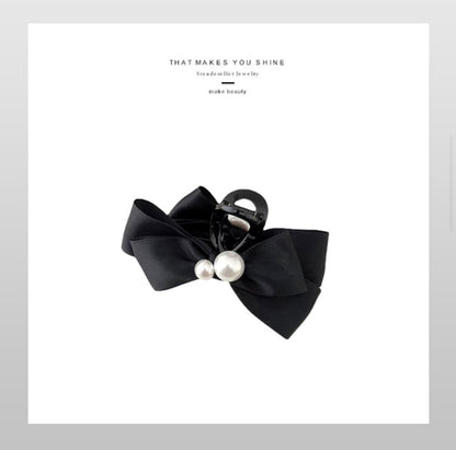 [Hair Claw] Twin Pearl Black Ribbon11x5cm