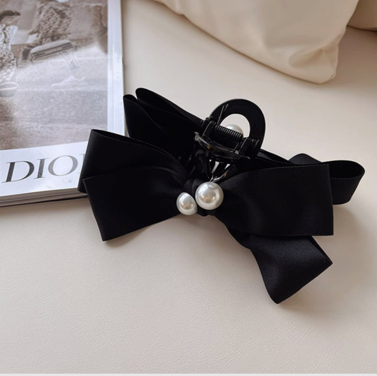 [Hair Claw] Twin Pearl Black Ribbon11x5cm