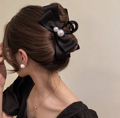 [Hair Claw] Twin Pearl Black Ribbon11x5cm
