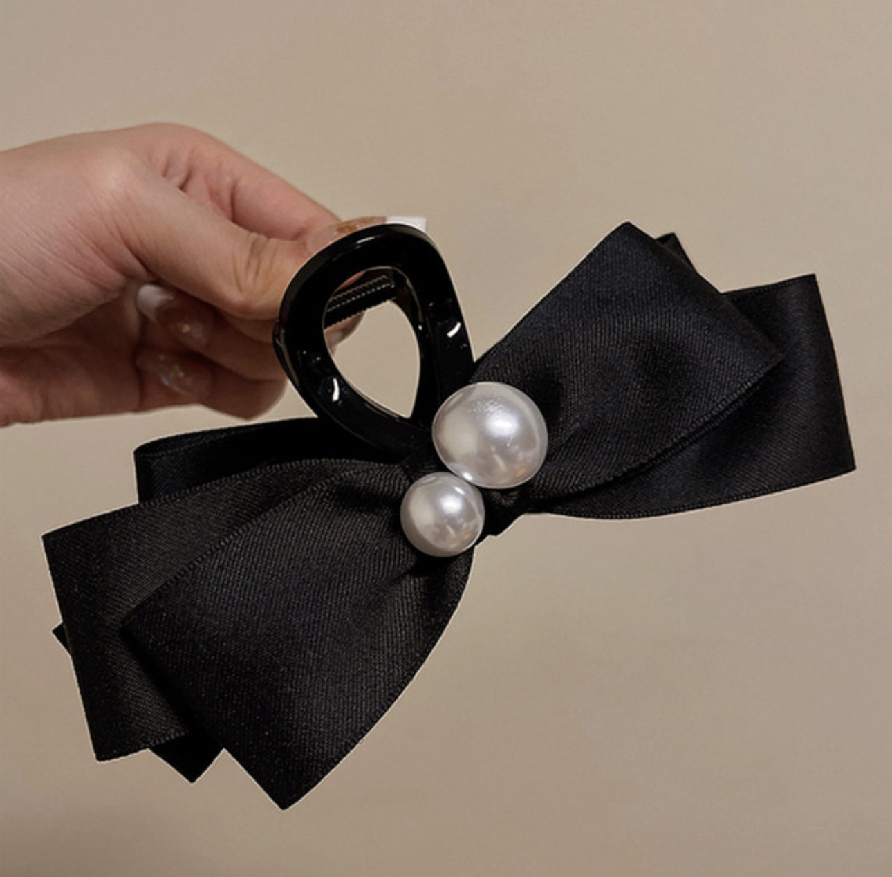 [Hair Claw] Twin Pearl Black Ribbon11x5cm